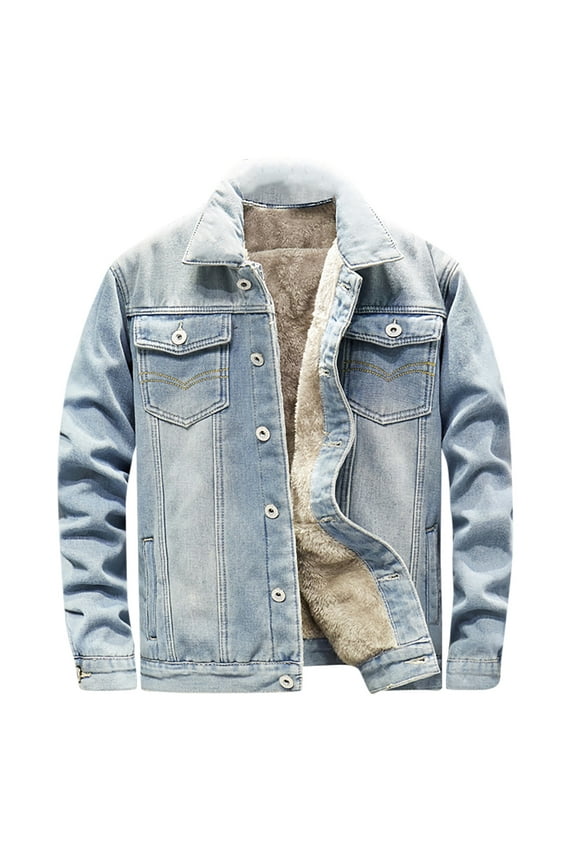 Fleece Denim Coats for Men Thick Long Sleeve Jean Shirt Jacket Winter Plus Size Warm Outwear with Pocket Trendy Outdoor Streetwear Shacket Jackets Light blue 3XL