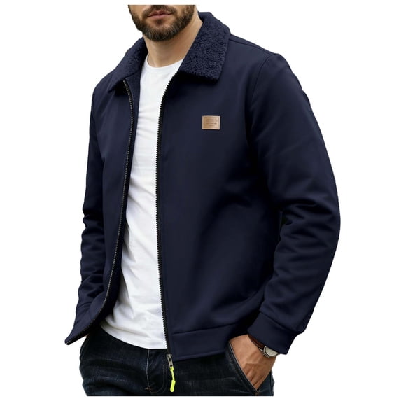 Dagegui Fleece Lined Jacket for Men Long Sleeve Turndown Collar Workwear Jackets Fall Winter Warm Business Coats Navy S