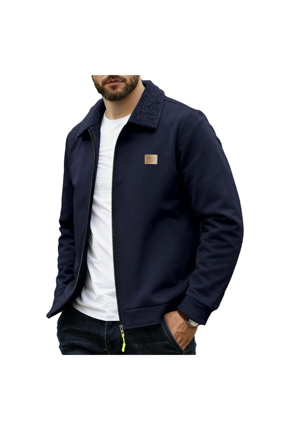Fleece Lined Jacket for Men Long Sleeve Turndown Collar Workwear Jackets Fall Winter Warm Business Coats Navy XXXL