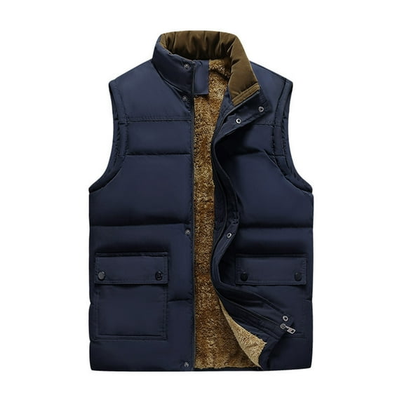 Dagegui Fleece Lined Vest for Men Fall Winter Sleeveless Jackets Solid Color Stand Collar Vests Casual Everyday Coats with Pockets Blue M