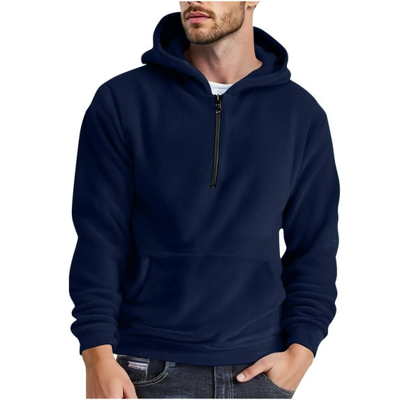 Dagegui Fleece Sweatshirts for Men Quarter Zip Hoodies with Kangaroo Pocket Solid Hooded Long Sleeve Soft Cozy Pullover Tops Dark Blue L