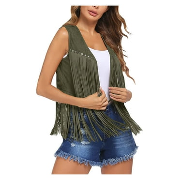 Dagegui Fringe Sleeveless Vest for Women Fall Fashion Cowgirl Jacket Western Vintage Tassel Jackets Casual Holiday Patry Coats Clothes Clearance Sale Army Green S