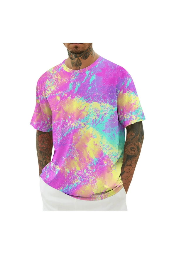 Funny Tie Dye Print T-Shirt for Men Big and Tall Hawaiian Vacation Shirts Casual Crewneck Short Sleeve Tees Mens Colorful T Shirt Time Limited Offer Hot Pink,4XL