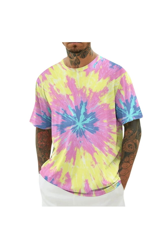 Funny Tie Dye Print T-Shirt for Men Big and Tall Hawaiian Vacation Shirts Casual Crewneck Short Sleeve Tees Mens Colorful T Shirt Time Limited Offer Yellow,M