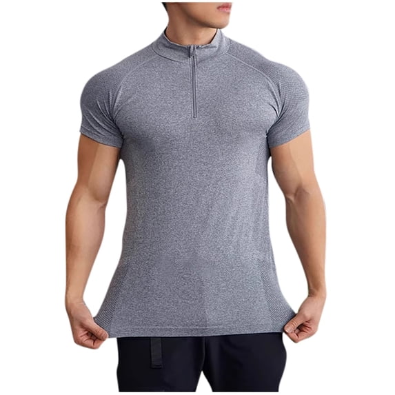 Dagegui Gray Training Tee for Men Summer 1/4 Zip Stand Collar Gym T-Shirt Slim Fit Stretch Bodybuilding Muscle T Shirt Quick Dry Short Sleeve Tops L