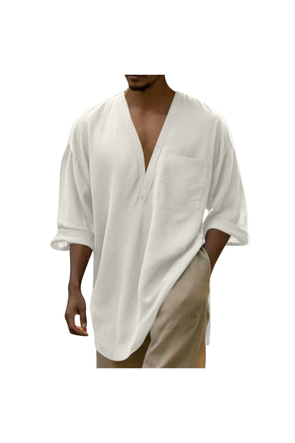 Half Sleeve Linen Shirt for Men Baggy V-Neck Pullover Lightweight Breathable Homewear Summer Casual Beach Tee White M