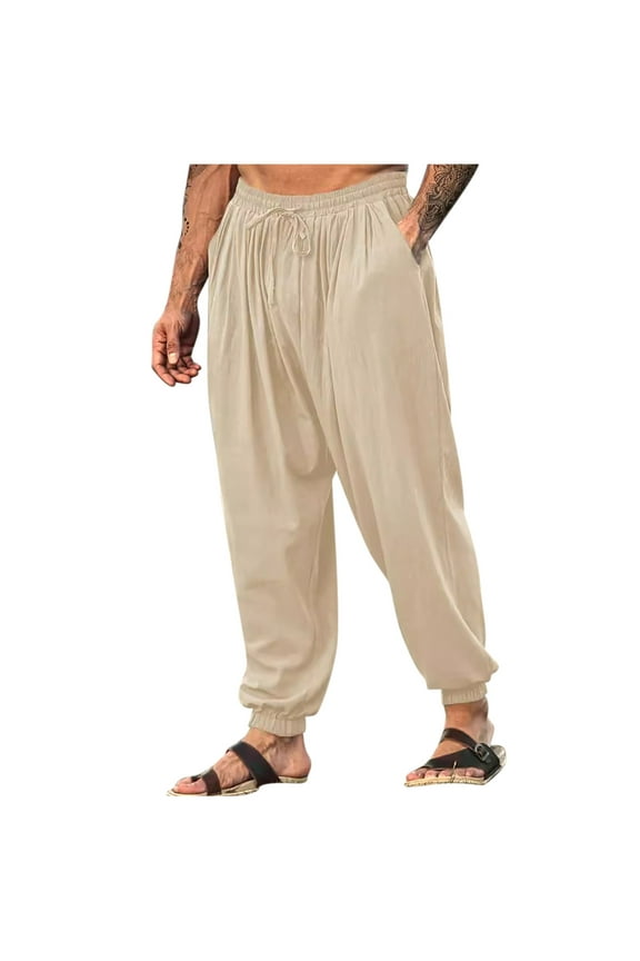 Harem Pants for Men Cotton Linen Elastic Waist Beach Pant Drawstring Wide Leg Yoga Trousers Summer Slacks Khaki S