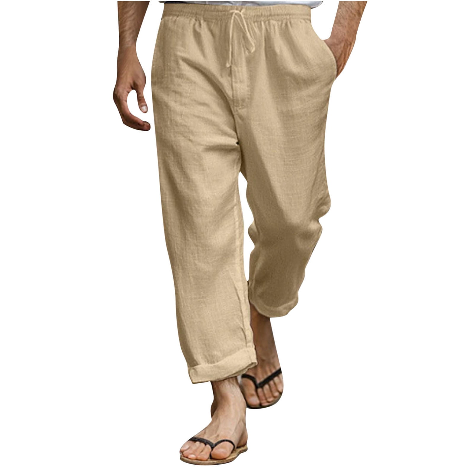 Dagegui Hawaiian Beach Cropped Pants for Men Cotton Linen Elastic