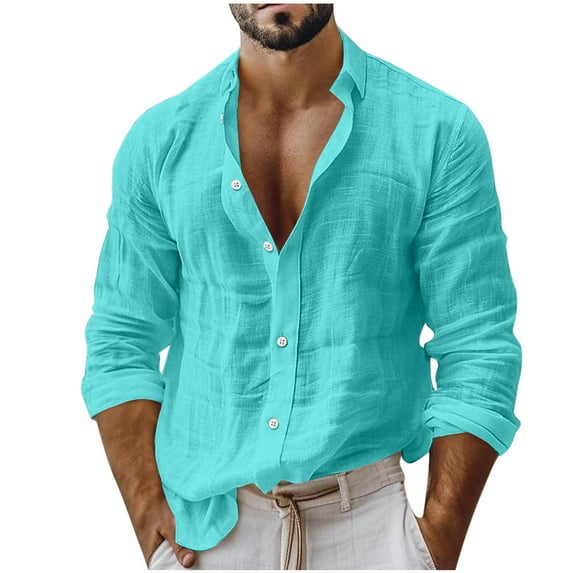 Dagegui Hawaiian Shirt for Men Linen Long Sleeve Button Down Shirts Casual Solid Beach Tee Lightweight Breathable Everyday Tops Green XXL