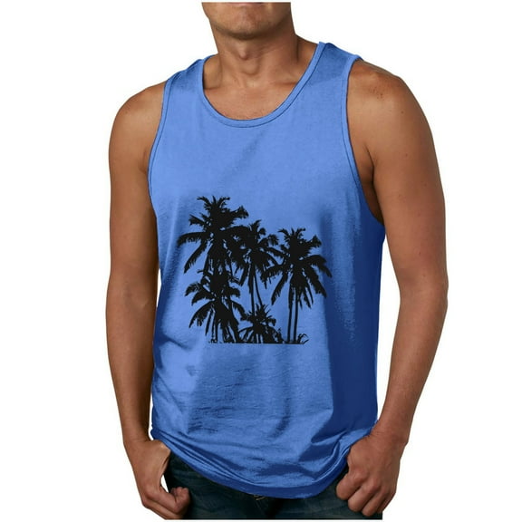 Dagegui Hawaiian Tank Tops for Men Fashion Palm Tree Graphic Sleeveless Workout Tanks Big and Tall Crewneck T-Shirts Casual Beach Tank Top Blue M