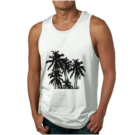 Dagegui Hawaiian Tank Tops for Men Fashion Palm Tree Graphic Sleeveless Workout Tanks Big and Tall Crewneck T-Shirts Casual Beach Tank Top White L
