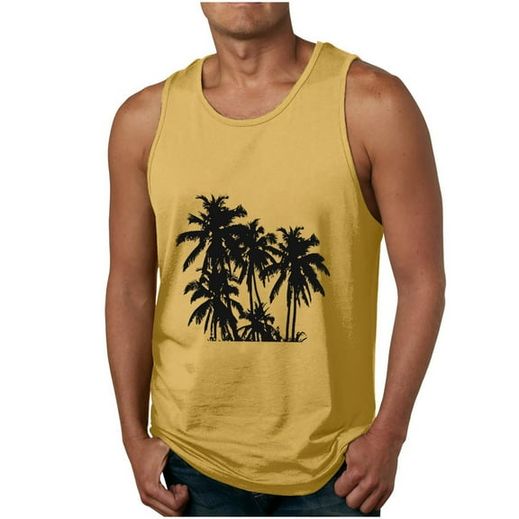 Dagegui Hawaiian Tank Tops for Men Fashion Palm Tree Graphic Sleeveless Workout Tanks Big and Tall Crewneck T-Shirts Casual Beach Tank Top Yellow 2XL