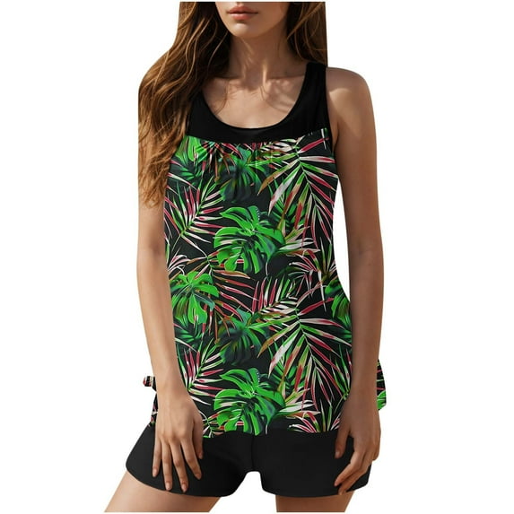 Dagegui Hawaiian Tankini Swimsuits for Women Tummy Control Bathing Suits Loose Swimwear with Boy Shorts Modest Beachwear 2 Piece Green L