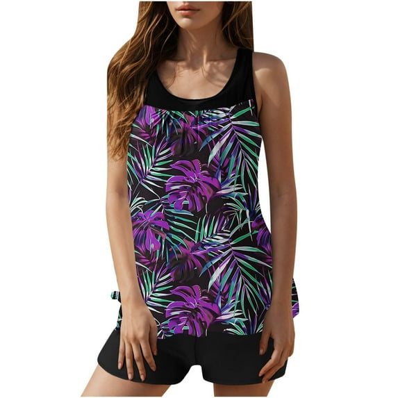 Dagegui Hawaiian Tankini Swimsuits for Women Tummy Control Bathing Suits Loose Swimwear with Boy Shorts Modest Beachwear 2 Piece Purple L