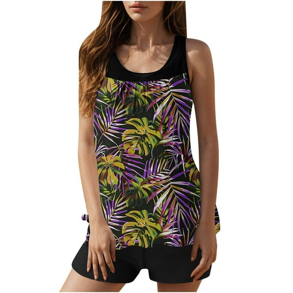 Dagegui Hawaiian Tankini Swimsuits for Women Tummy Control Bathing Suits Loose Swimwear with Boy Shorts Modest Beachwear 2 Piece Yellow XL