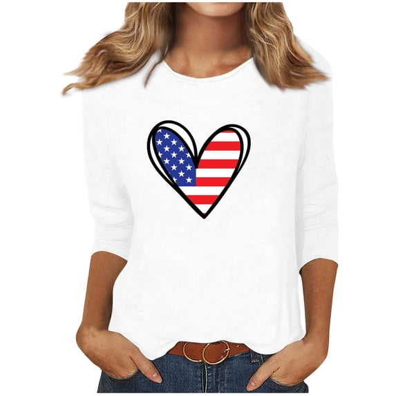 Dagegui Heart Flag Graphic Tshirts for Women 4th of July Independence Trendy Shirts 3/4 Sleeve Patriotic Tee Tops Casual Outdoor Loose Fit Breathable T-Shirts