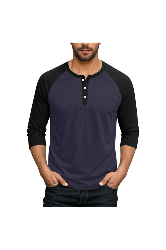 Henley Shirts for Men Big and Tall Long Sleeve Tops Trendy Color Block Crewneck Pullover Baseball Tops Army Green M