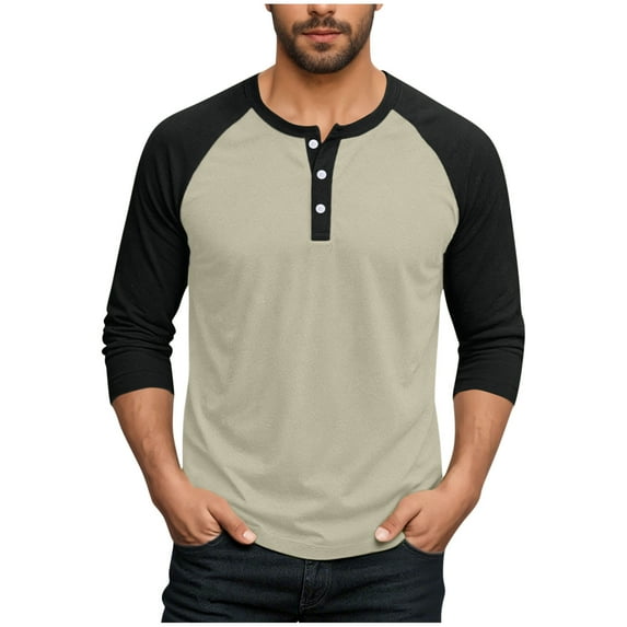 Dagegui Henley Shirts for Men Big and Tall Long Sleeve Tops Trendy Color Block Crewneck Pullover Baseball Tops Beige XL
