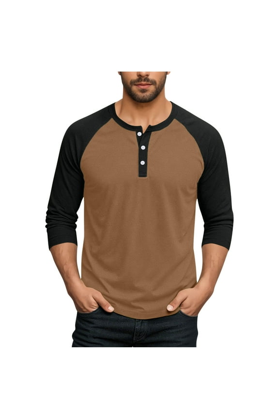 Henley Shirts for Men Big and Tall Long Sleeve Tops Trendy Color Block Crewneck Pullover Baseball Tops Brown XXXL