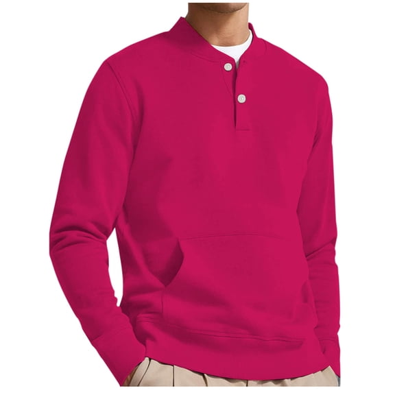 Dagegui Henley Sweatshirts for Men Casual Crewneck Long Sleeve Tops Big and Tall Thin Fleece Pullover Shirt with Pocket Hot Pink S
