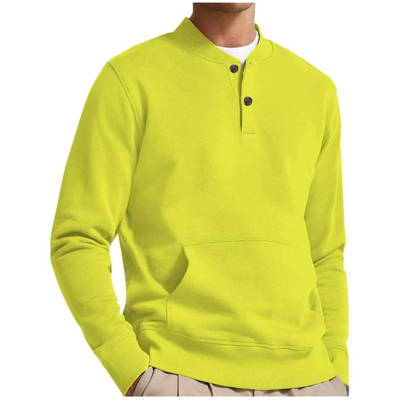 Dagegui Henley Sweatshirts for Men Casual Crewneck Long Sleeve Tops Big and Tall Thin Fleece Pullover Shirt with Pocket Yellow S