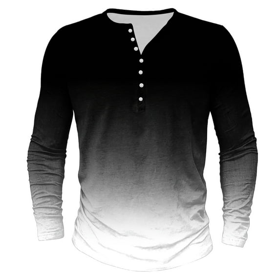 Dagegui Henley T Shirts for Men Long Sleeve Gradient Tie Dye Print Shirt Fall Crewneck Buttons Pullover Shirts Big and Tall Gym Workout Muscle Tees Tops Dark Black 3XL