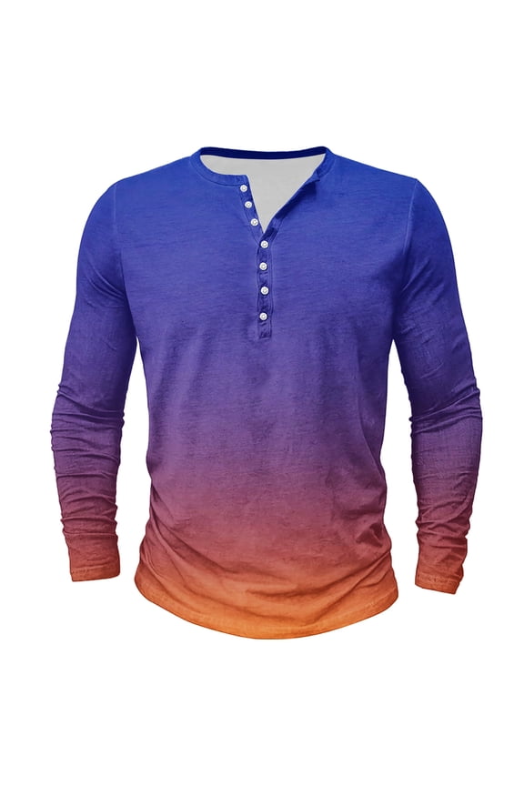 Henley T Shirts for Men Long Sleeve Gradient Tie Dye Print Shirt Fall Crewneck Buttons Pullover Shirts Big and Tall Gym Workout Muscle Tees Tops Purple M