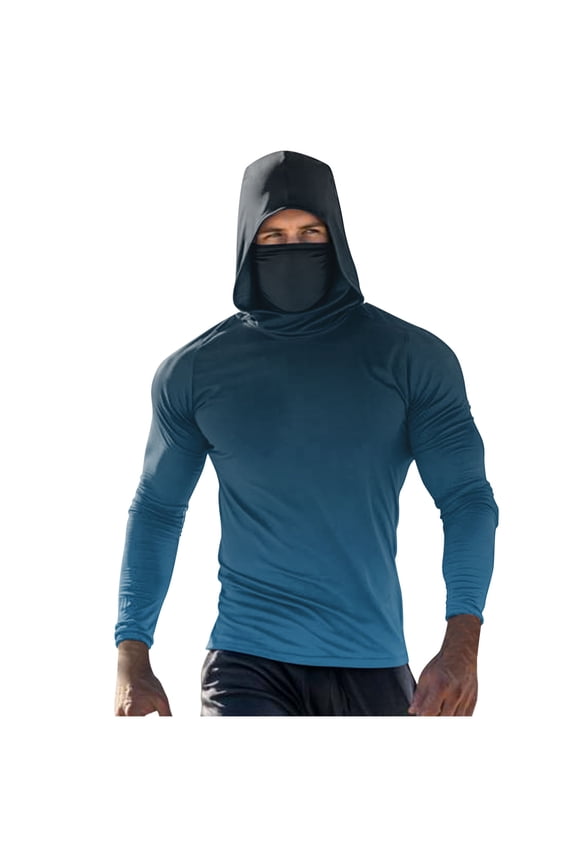 Hooded Sun Shirt for Men UV Long Sleeve Hoodie with Built-In Face Mask Cooling Summer Fishing Shirts UPF 50+ Outdoor Work Tops Dark Blue L