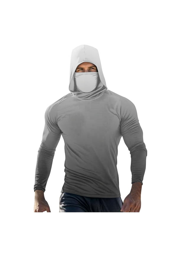 Hooded Sun Shirt for Men UV Long Sleeve Hoodie with Built-In Face Mask Cooling Summer Fishing Shirts UPF 50+ Outdoor Work Tops Dark Gray M
