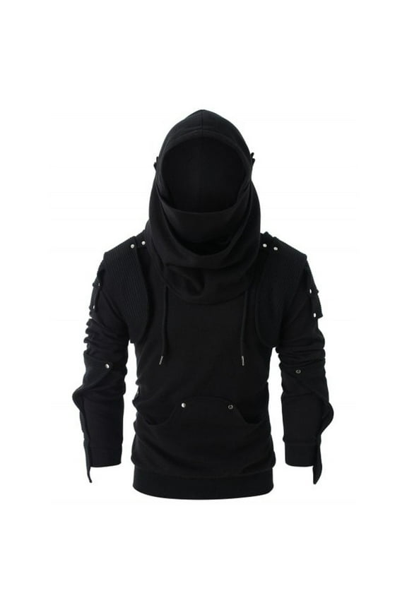 Hooded Sweatshirts for Men Vintage Face Cover Pullover Hoodies Halloween Goth Mask Hooded Shirts Trendy Cyberpunk Streetwear Sweatshirt Black 2XL