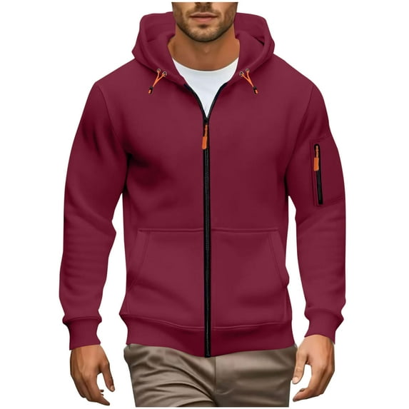 Dagegui Hoodie for Men Solid Color Zip Up Hooded Sweatshirt Outerwear Thin Fleece Long Sleeve Tops Casual Workout Athletic Coats with Pockets Red XL