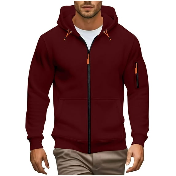 Dagegui Hoodie for Men Solid Color Zip Up Hooded Sweatshirt Outerwear Thin Fleece Long Sleeve Tops Casual Workout Athletic Coats with Pockets Wine L