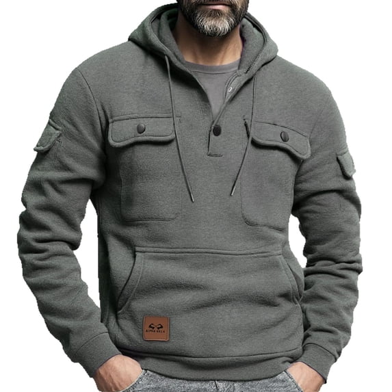 Dagegui Hoodies for Men Drawstring Buttons Hooded Sweatshirt Solid Long Sleeve Pullover Top with Pocket Fleece Winter Sweatshirts Dark Gray M