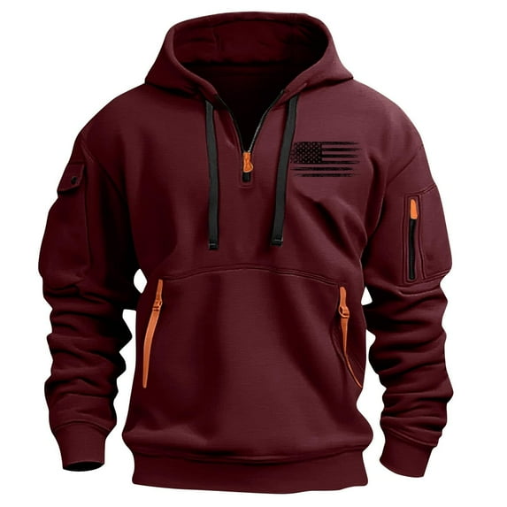 Dagegui Hoodies for Men Quarter Zip Pullover Sweatshirt USA Flag Pattern Sweatshirts Fleece Outdoor Running Athletic Tops with Pocket Wine L