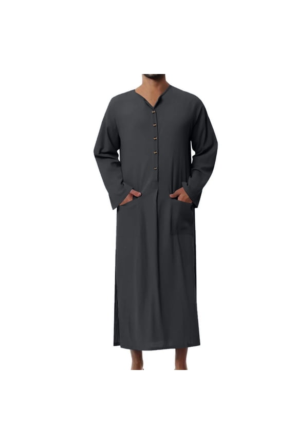 Kaftan Thobe for Men Solid Color Button Down Long Gown Muslim Robe Big and Tall Arabic Islamic Shirts with Pockets Gray,5XL