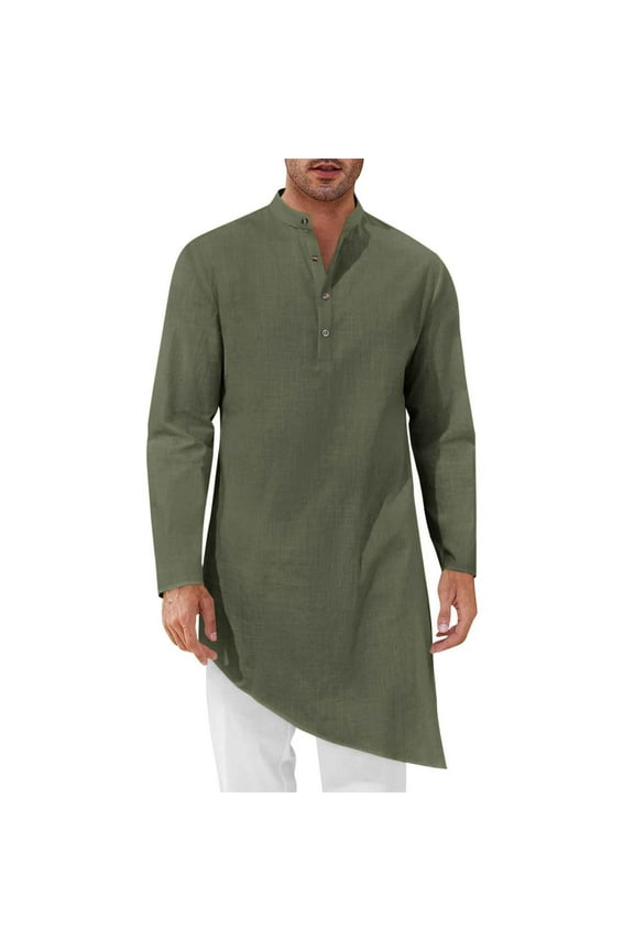Kaftan Thobe Robe for Men Cotton Linen Long Sleeve Shirts Casual Muslim Gown Mock Neck Buttons Tops Army Green XXL