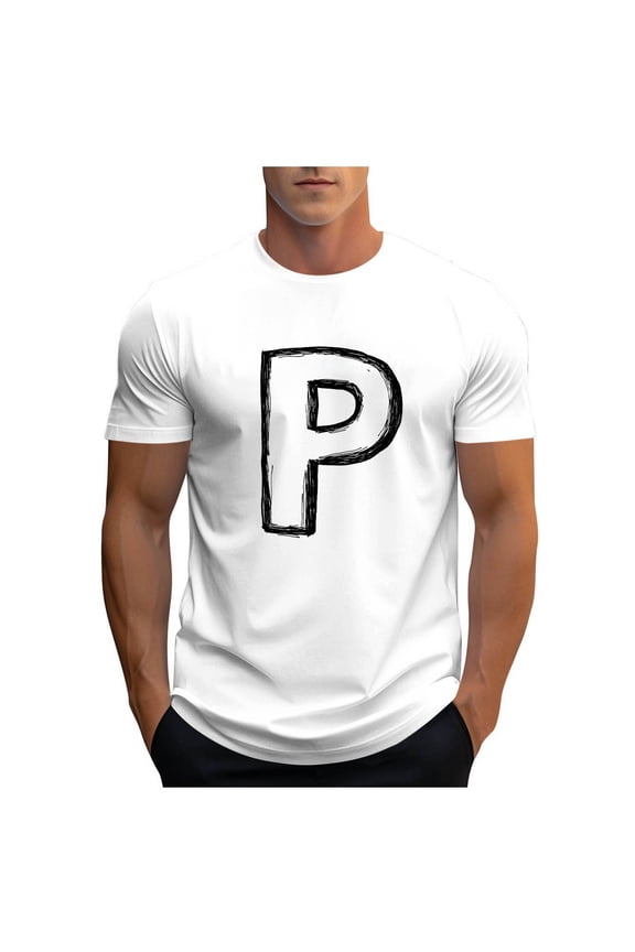 Letter P Short Sleeve Tops for Men Summer Crewneck T-Shirts Lightweight Athletic Workout Muscle Tee Outdoor Wear White M