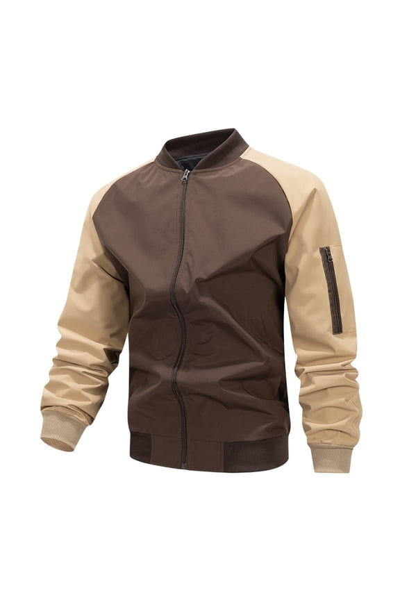 Lightweight Bomber Jackets for Men Trendy Patchwork Zip Up Coats Spring Fall Outdoor Active Jacket with Pockets Coffee L