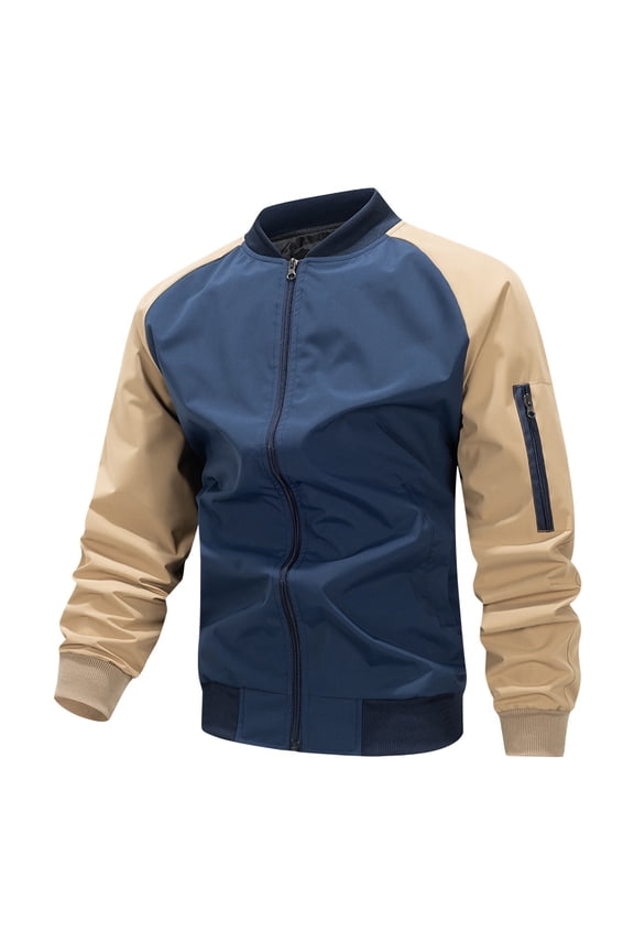 Lightweight Bomber Jackets for Men Trendy Patchwork Zip Up Coats Spring Fall Outdoor Active Jacket with Pockets Dark Blue M