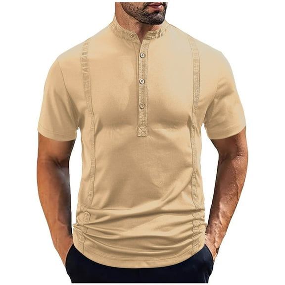 Dagegui Lightweight Henley Shirts for Men Khaki Short Sleeve Basic T-Shirt Solid Color Collared Button Down Pullover Summer Tee Tops L