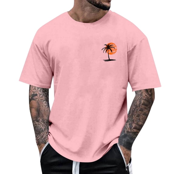 Dagegui Lightweight Summer T-Shirt for Men Palm Tree Graphic Tee Casual Crewneck Short Sleeve Hawaiian Vacation T Shirts Pink XL