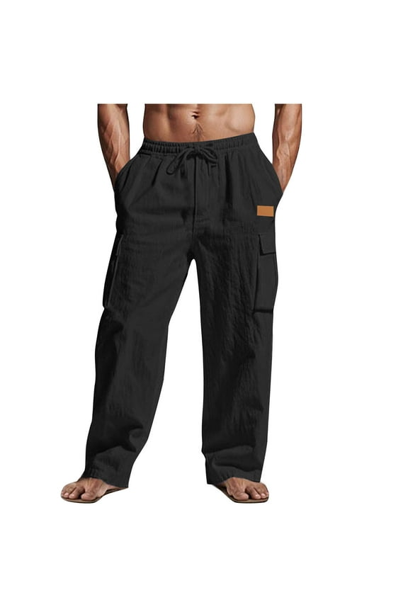 Linen Cargo Pants for Men Casual Elastic Waist Wide Leg Trousers with Pocket Breathable Summer Beach Loungewear Pant Black XL