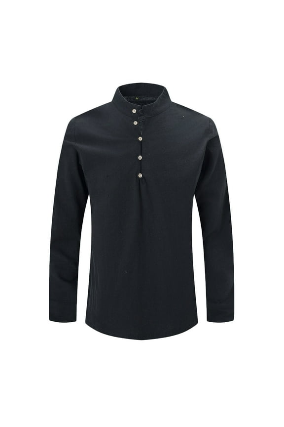 Linen Henley Shirt for Men Solid Long Sleeve Band Collar Shirts Casual Everyday Tee Lightweight Spring Summer Tops Black XL
