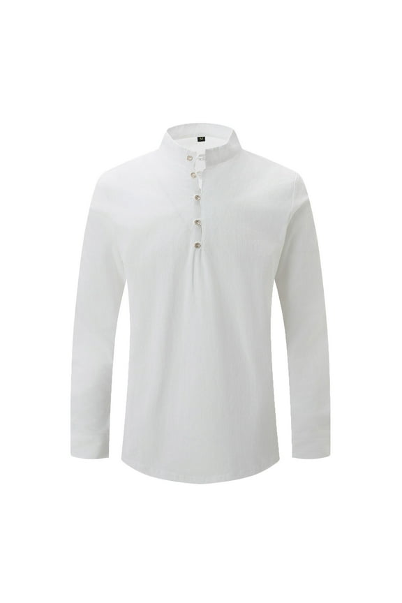 Linen Henley Shirt for Men Solid Long Sleeve Band Collar Shirts Casual Everyday Tee Lightweight Spring Summer Tops White XL