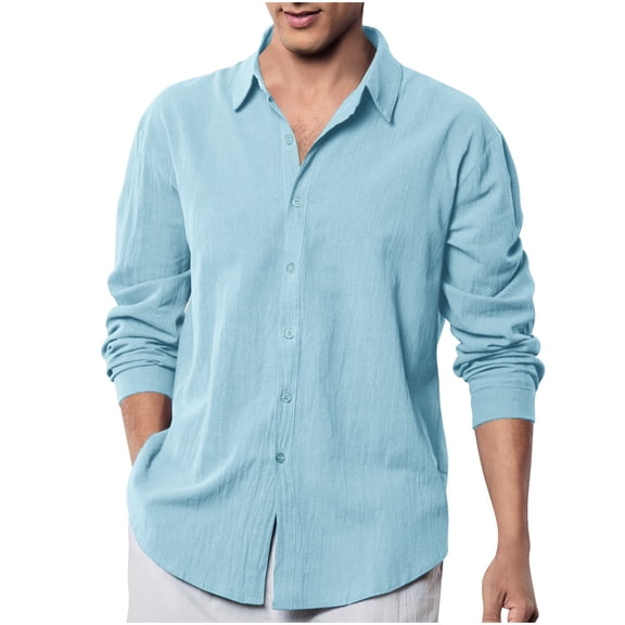 Dagegui Linen Shirt for Men Casual Long Sleeve V-Neck Shirts Lightweight Breathable Pullover Tops Solid Color Hawaiian Beach Travel Tees Sky Blue XXXL