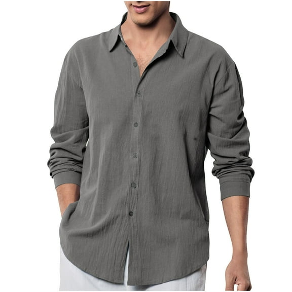 Dagegui Linen Shirt for Men Casual Long Sleeve V-Neck Shirts Lightweight Breathable Pullover Tops Solid Color Hawaiian Beach Travel Tees Dark Gray L