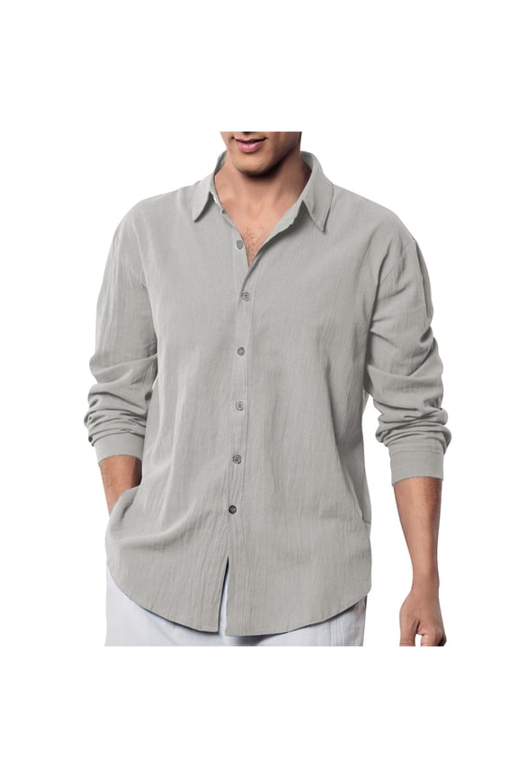 Linen Shirt for Men Casual Long Sleeve V-Neck Shirts Lightweight Breathable Pullover Tops Solid Color Hawaiian Beach Travel Tees Gray L