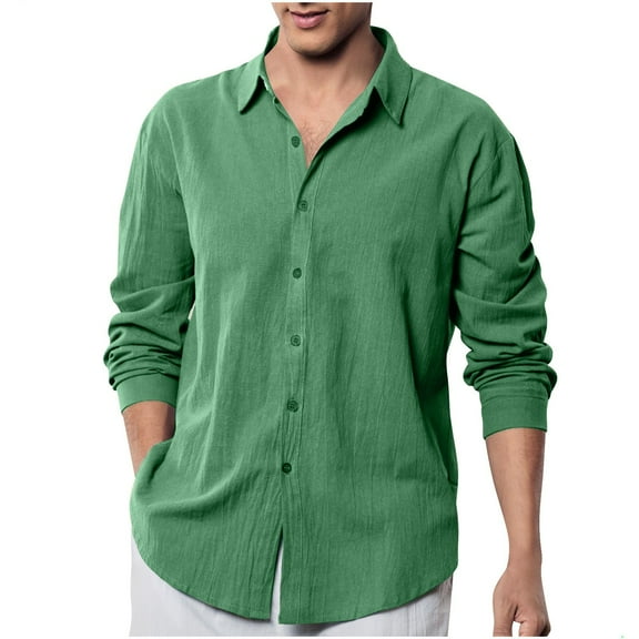 Dagegui Linen Shirt for Men Casual Long Sleeve V-Neck Shirts Lightweight Breathable Pullover Tops Solid Color Hawaiian Beach Travel Tees Green S