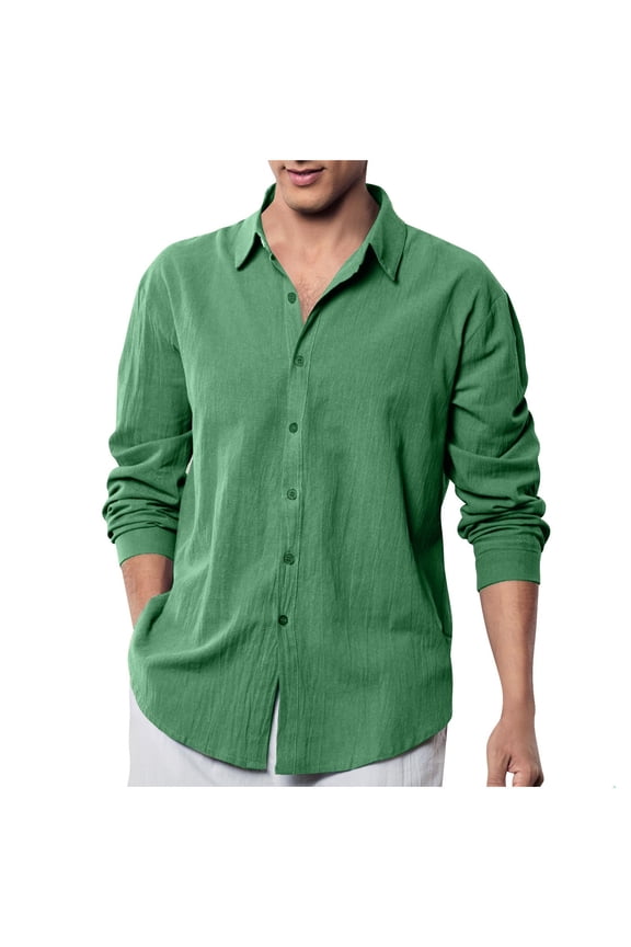 Linen Shirt for Men Casual Long Sleeve V-Neck Shirts Lightweight Breathable Pullover Tops Solid Color Hawaiian Beach Travel Tees Green XL