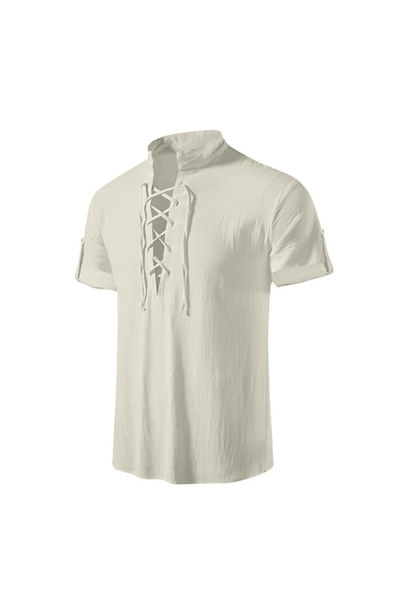 Linen Shirt for Men Short Sleeve V-Neck Lace Up Shirts Vintage Medieval Pullover Solid Holiday Party Tee Tops Beige XXL